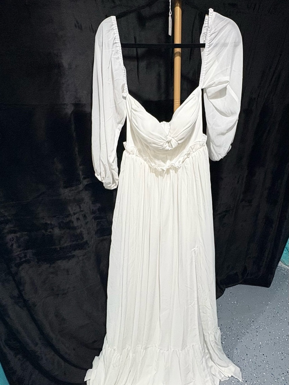 Peasant-Style Maxi Dress with Ruched Bodice and Puff Sleeves